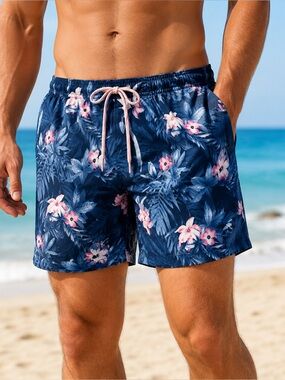 Ron Jon Men’s Size L Navy Pink Floral Tropical Swim Trunks